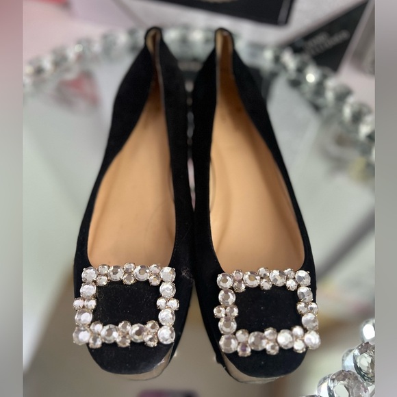 KATE SPADE made Italy Black Suede Leather crystal  buckle Shoes 7B - Picture 3 of 10